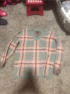 AnyBody Mint and Blush Plaid V-Neck Sweater